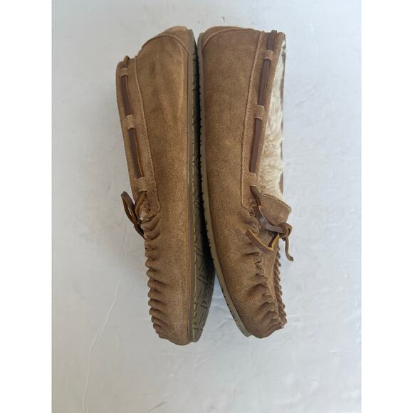 Minnetonka Cally Brown Suede Slip On Faux Fur Lined Bow Flat Slipper Shoes Sz 10 - Picture 6 of 11